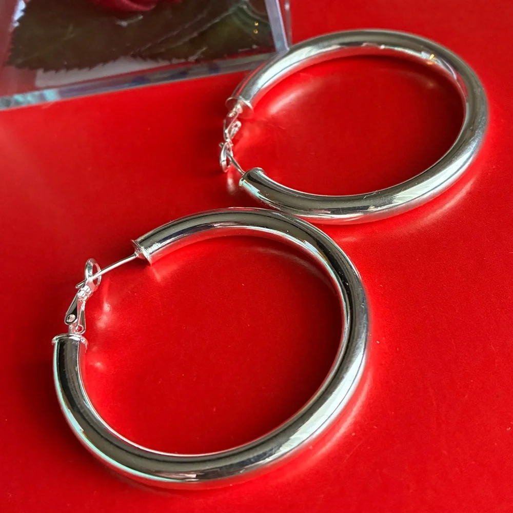 925 Silver Earrings,Classic Chunky Hoop Earrings in Silver